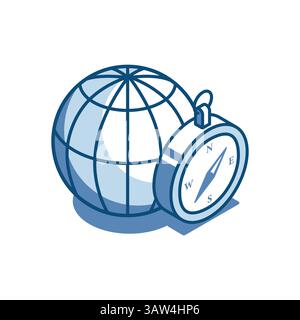 Icona lineare vettoriale isometrica del globo e della bussola, a colori su sfondo bianco, geolocalizzazione o tracciamento della posizione Illustrazione Vettoriale