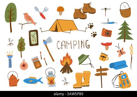 Attrezzature per campeggio e trekking, set di articoli da toeletta. Avventura, kit trekking, strumenti per turisti. Tenda, zaino, attrezzi, macchina fotografica e fuoco. Illustrazioni vettoriali piatte Illustrazione Vettoriale