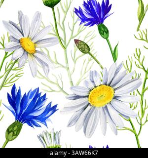 motivo acquerello senza cuciture, fiori selvatici, gemme, foglie, fiori, margherite e fiori di mais, fiori estivi bianchi e blu, illustrazione disegnata a mano di me Foto Stock