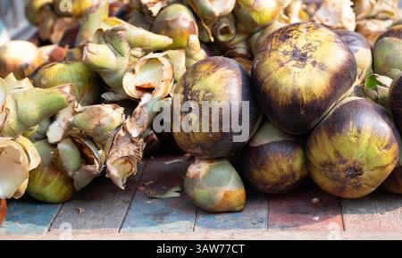 Frutta fresca di palma toddy in una bancarella di mercato in India, frutta tropicale, palmyra asiatica Foto Stock