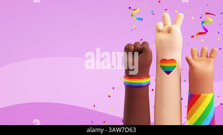 Modello di volantino Happy Pride con tre diverse mani alzate e materiale natalizio su sfondo viola che simboleggia il mese dell'orgoglio LGBTQIA+ e il diversit dell'amore Foto Stock