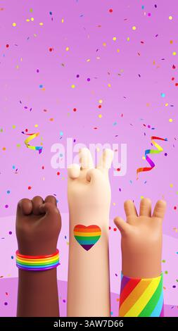 Post sui social media di Happy Pride con tre diverse mani alzate e materiale natalizio su sfondo viola che simboleggia LGBTQIA+ Pride Month e Love Diver Foto Stock