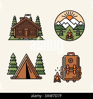 Set vettoriale con cabina, tenda, zaino, falò e icone di montagna. Perfetto per il campeggio, l'escursionismo, l'avventura all'aperto e i viaggi. Illustrazione Vettoriale
