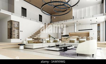 Elegante e moderno loft interno con soggiorno open space e cucina, rendering 3D. Foto Stock