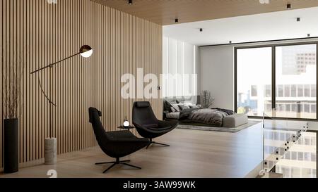 Camera da letto moderna e minimalista con vista sulla città e accogliente design degli interni, rendering 3D. Foto Stock