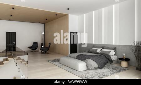 Camera da letto moderna e minimalista con vista sulla città e accogliente design degli interni, rendering 3D. Foto Stock