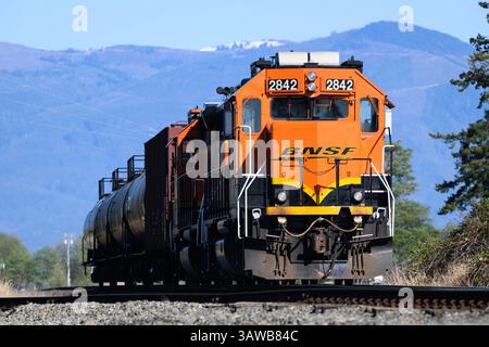 Mount Vernon, WA, Stati Uniti d'America - 16 aprile 2025; locomotiva BNSF per il trasporto di brevi carichi in treno petrolifero con logo Swoosh Foto Stock