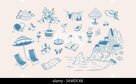 Set di elementi disegnati a mano per le vacanze estive al mare italiane. Amalfi, Sicilia, Costiera di Positano. Estetica al limone in stile dolce vita. coasta d'epoca Illustrazione Vettoriale