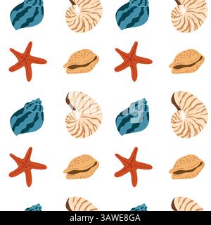 Colorato motivo di vita marina con conchiglie e stelle marine su sfondo bianco Illustrazione Vettoriale