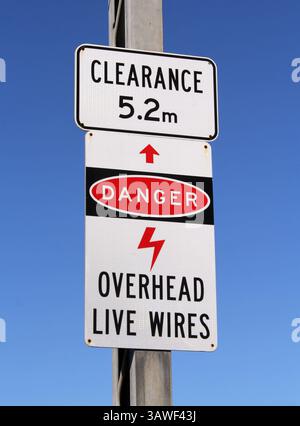 Segnali di avvertimento "pericolo cavi sotto tensione" montati su un palo su uno sfondo blu del cielo Foto Stock