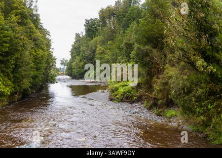Paesaggio panoramico sul fiume Clearwater, sul lago Matheson e percorso pedonale nel ghiacciaio Fox, South Island, nuova Zelanda Foto Stock