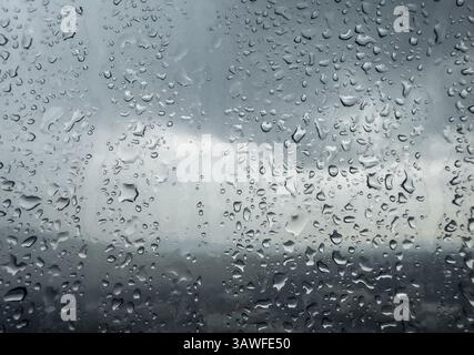 Primo piano di gocce d'acqua su una finestra di vetro durante il giorno Foto Stock