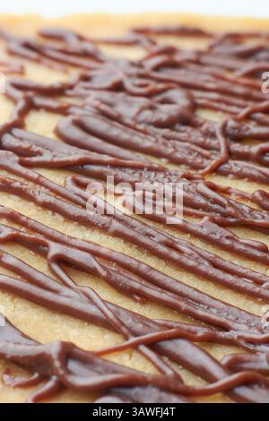 primo piano della superficie della torta ricoperta da cioccolato marrone scuro, incrocia spesse linee ondulate irregolari, messa a fuoco morbida con sfondo sfocato Foto Stock