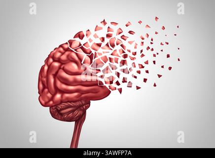 Il concetto di malattia di Alzheimer come danno cerebrale umano frammentato perdendo la funzione neurologica e cognitiva come perdita di memoria a causa dell'invecchiamento e neurodegeneri Foto Stock