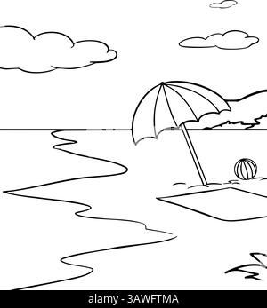 Ombrellone da spiaggia e illustrazione d'arte sulla riva del mare: Il contorno delle vacanze estive disegna con onde oceaniche, nuvole, asciugamano e palla da spiaggia per colorare i libri Illustrazione Vettoriale