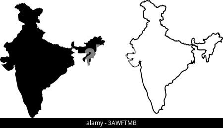 Sagoma e illustrazione vettoriale della mappa dell'India - solido nero e sagoma del contorno dell'India per geografia, istruzione, mappa politica Illustrazione Vettoriale