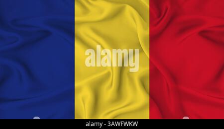 Realistico sventolamento della bandiera della Romania. Primo piano della bandiera della Romania con tessuto di stoffa Foto Stock