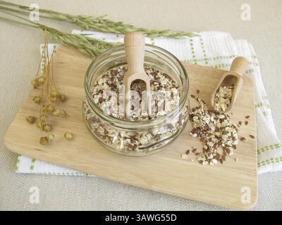 Mescolare i semi in un recipiente con fiocchi d'avena, semi di lino e semi di sesamo Foto Stock