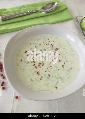 Zuppa fredda di cetrioli con pepe rosa Foto Stock