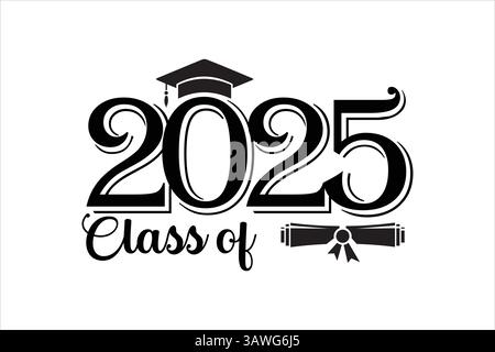 Elegante classe 2025 Graduation Typography con cappuccio e Diploma Scroll Illustrazione Vettoriale