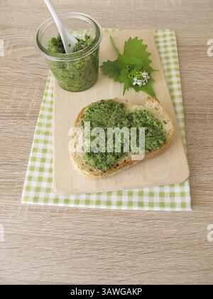 Pesto di rucola all'aglio fatto in casa su baguette Foto Stock