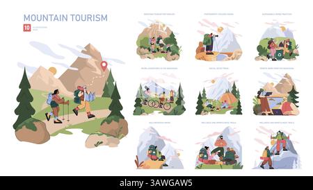 Set per il turismo di montagna. Escursioni, esplorazione della natura, attività all'aperto e viaggi ecologici. Viaggi in famiglia, in mountain bike e in solitaria. Detox digitale, lavoro a distanza, ritiri benessere. Illustrazione vettoriale. Illustrazione Vettoriale
