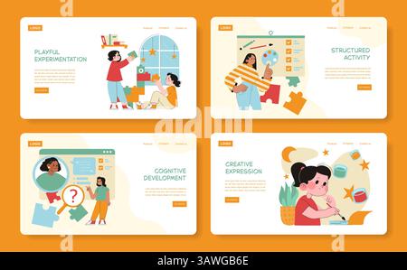 Esplorazione dell'educazione in età prescolare attraverso sperimentazioni giocose, attività strutturate, sviluppo cognitivo ed espressione creativa. Coinvolgere i bambini nell'apprendimento, nella creatività e nella crescita. Illustrazione vettoriale. Illustrazione Vettoriale