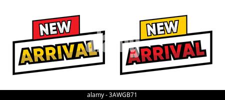 Etichette "NEW ARRIVAL" in stile fumetto in rosso e giallo - etichette promozionali audaci Illustrazione Vettoriale