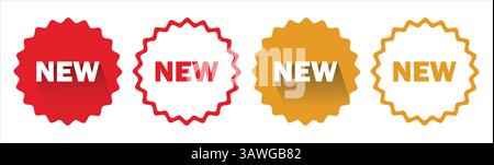 Set di "NUOVE" etichette Starburst in rosso e arancione - icone piatte e di contorno del distintivo Illustrazione Vettoriale