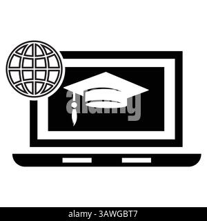 Icona formazione online con cappello per laureati e globo Illustrazione Vettoriale