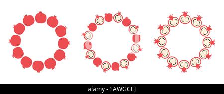 Set portafrutta. Modello di progettazione melograno, copia spazio. Graziosa cornice rotonda di frutta tritata a mano in stile doodle. Modello circolare. Frutta trafilata a mano Illustrazione Vettoriale