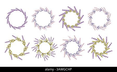 Set di cornici a cerchio lavanda. Cornice a cerchio floreale. Bordo circolare botanico disegnato a mano, alloro, corona con rami, foglie e fiori illustrazione per Illustrazione Vettoriale