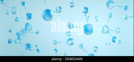 Molecola di acqua o H2O, elemento essenziale per la cura della pelle o della tecnologia dei profumi. Essenza cosmetica, bolla liquida, molecola chimica su sfondo blu, 3d rende Foto Stock