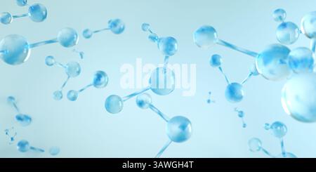 Molecola di acqua o H2O, elemento essenziale per la cura della pelle o della tecnologia dei profumi. Essenza cosmetica, bolla liquida, molecola chimica su sfondo blu, 3d rende Foto Stock