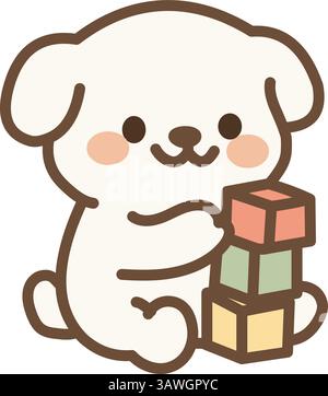Simpatico cucciolo bianco che gioca con blocchi di giocattoli colorati Illustrazione Vettoriale