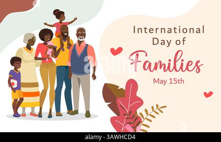Felice giornata internazionale di famiglie carina grande famiglia nera. Illustrazione Vettoriale