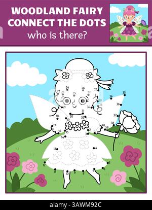Attività vettoriale da punto a punto e a colori con una scena naturale colorata e fiabesca. Foresta magica o giardino collega il gioco dei punti per i bambini. Chi Illustrazione Vettoriale