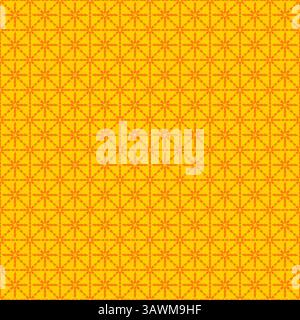 Questo modello etnico senza cuciture sfoggia un motivo ikat floreale in vivace arancione su uno sfondo dorato brillante. Fusione di motivi boho, motivi tribali e f Foto Stock