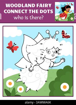 Attività vettoriale da punto a punto e a colori con cimice da fata, scena della natura colorata. Foresta magica o giardino collega il gioco dei punti per i bambini. Chi lo è Illustrazione Vettoriale