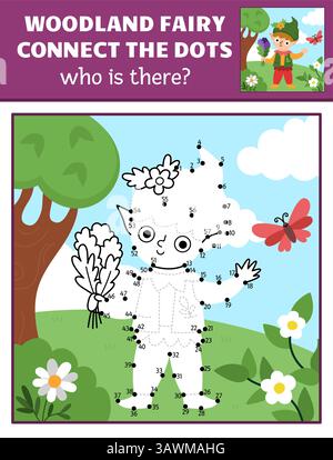Attività vettoriale da punto a punto e a colori con scena naturale colorata con elfi. La foresta magica o la fata del giardino collegano il gioco dei puntini per i bambini. Chi lo è Illustrazione Vettoriale