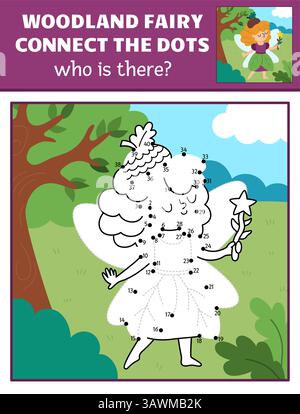 Attività vettoriale da punto a punto e a colori con una scena naturale colorata e fata di ghianda. Foresta magica o giardino collega il gioco dei punti per i bambini. Chi Illustrazione Vettoriale