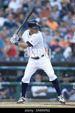 3 agosto 2016: Seconda base dei Detroit Tigers Ian Kinsler (3) in battuta durante la partita MLB tra i Chicago White Sox e i Detroit Tigers al Comerica Park di Detroit, Michigan. I Tigers sconfissero i White Sox 2-1. John Mersits/CSM(immagine di credito: &Copy; John Mersits/Cal Sport Media via cavo ZUMA) Foto Stock