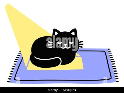 Carino gatto nero cartoni animati che dorme su un tappeto in un raggio di sole. Semplice disegno di doodle, illustrazione grafica vettoriale isolata. Illustrazione Vettoriale