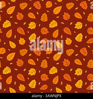 L'autunno lascia un motivo senza cuciture in un semplice stile cartoni animati. Foglie sparse di giallo chiaro e arancio su sfondo marrone. Illustrazione della clipart vettoriale. Illustrazione Vettoriale