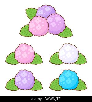 Fiori di Ortensia in stile cartoni animati. Semplice illustrazione della clipart vettoriale isolata disegnata a mano. Illustrazione Vettoriale