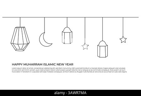 Capodanno islamico concetto One line art Draw Illustrazione Vettoriale