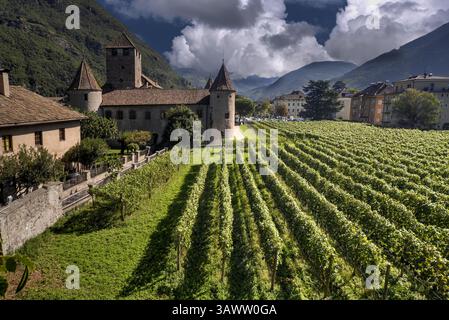 Bolzano, Italia - 28 settembre 2021: Castello Maretsch (Castello Mareccio) e vigneto a Bolzano, Italia sotto un cielo nuvoloso vicino al Monte delle Dolomiti Foto Stock