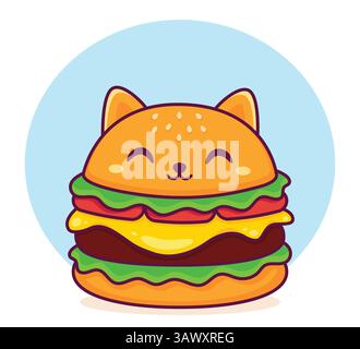 Carino gatto hamburger kawaii. Cheeseburger cartoni animati. Illustrazione vettoriale. Illustrazione Vettoriale
