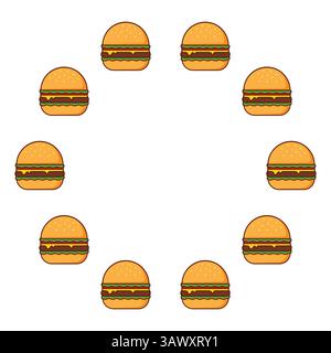 Cornice rotonda di cheeseburger a cartoni animati. Illustrazione vettoriale. Illustrazione Vettoriale
