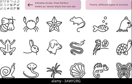 Diversi tipi di animali, animali domestici. Set di icone con linea nera, segni monocromatici vettoriali, traccia modificabile Illustrazione Vettoriale